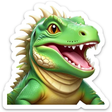 Cinematic Cute Yawning Iguana Portrait Emoji, Head tilted slightly with a dramatic, wide-open yawn, showcasing a sturdy, scaled body with a softly drooping spiky crest and sleepy, half-closed eyes, Simplified yet irresistibly adorable features, highly detailed, glowing with a soft, cozy jungle glow, high shine, relaxed yet expressive, stylized with a dash of whimsical charm, soft glowing outline, capturing the essence of a drowsy yet affectionate iguana that appears ready to stretch out for a nap! sticker