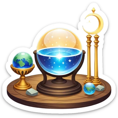 a mystical icon featuring a crystal ball (fortune-telling sphere) on a table with tarot cards scattered around. Surround the scene with planets, stars, and zodiac signs. The design is vibrant, magical, and evoke a sense of mystery and spirituality, with glowing effects and a cosmic atmosphere. sticker