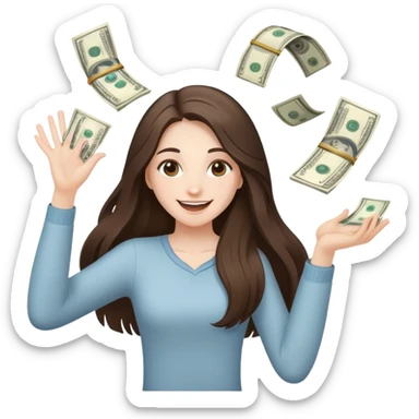 happy beautiful pale brunette girl with long hair throwing money sticker