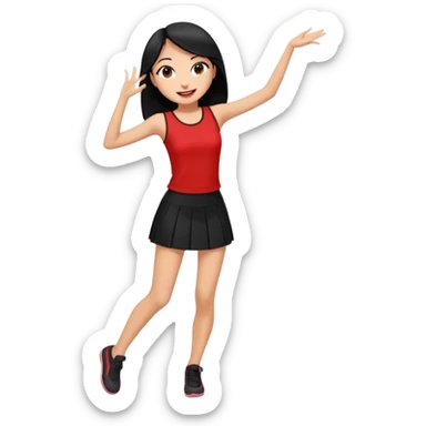 Chicas esbelta con falda corta negra y top rojo,pelo semi largo negro y lacio  super feliz,pero bailando sticker