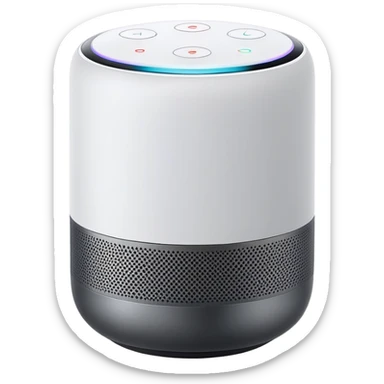 Sleek Apple-style smart speaker, minimalist design, cylindrical shape, premium materials, white or space gray color, touch surface on top, modern home device sticker
