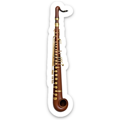 Create an emoji representing a professional bassoon. The design should feature the sleek wooden body of the bassoon with its rich wood tones, showing the intricate keywork and metal springs. The metal tubing of the instrument should be clearly visible, with polished brass accents. Highlight the bell and the distinctive, straight shape of the instrument. The mouthpiece and reed should be visible at the top, emphasizing the functional details. Use warm wood tones like dark brown, with gold and brass accents for the keys and fittings. Add soft musical notes or soundwaves to represent the deep, resonant sound of the bassoon. The background should be transparent. sticker