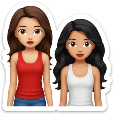 generate a pretty tan bratz girl with brown wavy hair long wearing a red tank top talking to a girl with black hair sticker