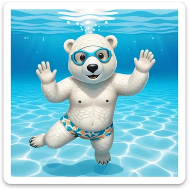 friendly anthropomorphised polar bear swimming freestyle in a large pool, excited expression, wearing patterned swim trunks and full snorkel mask sticker