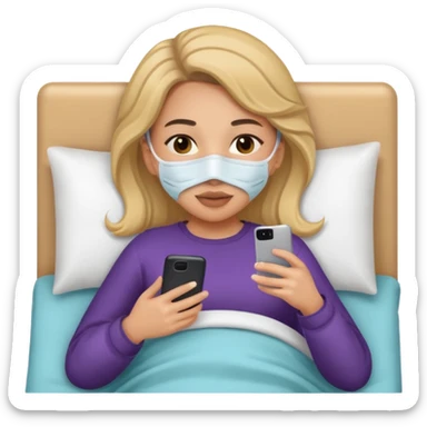 Girl lying in bed with phone and facemask  sticker