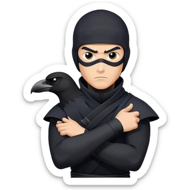 clash-of-clans-aesthetic_-cinematic-mysterious-male-ninja-portrait-emoji, rendered in a flat, vector-style with minimal shading and bold, simplified shapes, with a head slightly turned revealing intense, focused eyes. the ninja has his arm out and perched on top of his forarm is  a black crow sticker