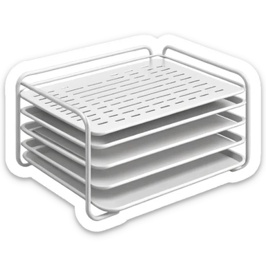 A minimal, clean emoji-style illustration of a white metal desk paper organizer tray, shown in slight isometric view so its structure is readable at a small scale. The organizer is rectangular with rounded corners, made of thin white metal wires, forming two to three stacked horizontal slots.
 sticker