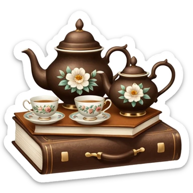 A beautiful vintage tea set stands on a brown book sticker