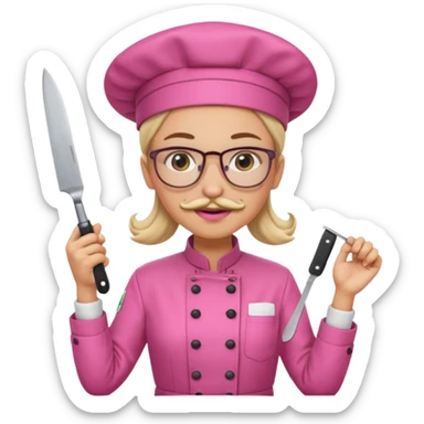 female italian chef, pink uniform, with mustace, wearing glasses, holding knife sticker