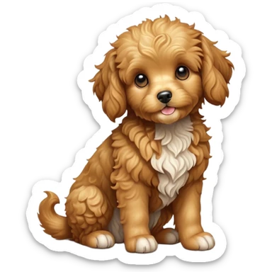 cinematic-[cavoodle dog]-realistic-full-body-sitting-emoji,-tail-resting-loosely-beside-its-paws,-head-tilted-dramatically,-very curly-[solid golden]-fur,-simplified-yet-realistic-focused-features,-highly-detailed,-glowing-with-an-almost-sarcastic-glow sticker