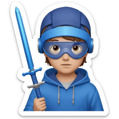 a boy with brown hair, a blue vr headset. a blue hoodie and a blue sword and show the hair sticker