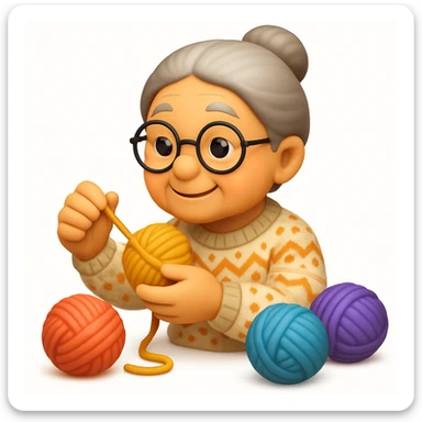 A 3D emoji in iOS emoji aesthetic style of a kind elderly woman winding yarn with both hands, soft and cheerful expression, wearing a patterned sweater, surrounded by balls of colorful wool, clean white background, warm and cozy design sticker