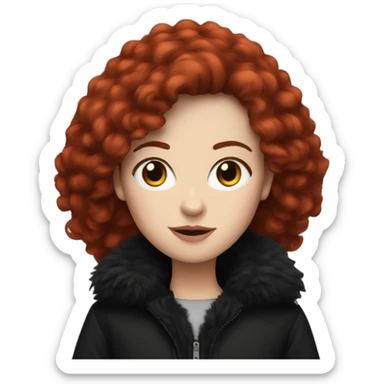 White girl with dark red hair using a black fluffy jacket sticker