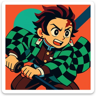 Tanjiro Kamado vibrant toon style, green checkered haori, hanafuda earrings, short black hair with burgundy tips, action pose sticker