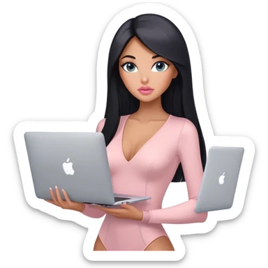 Glamours, tanned, very beautiful girl, with big pump peach-beige-rose lips, black straight smooth silky long hair, straight parting, blue-grey eyes, in light-pink bodysuit holding MacBook sticker