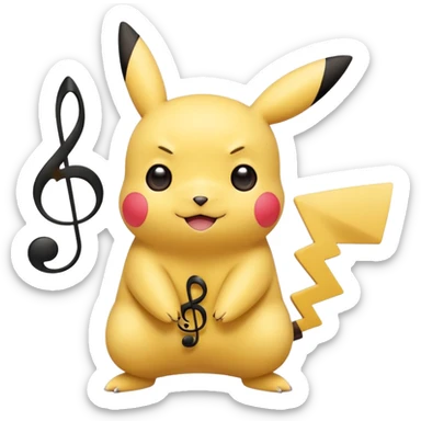 cute Pikachu Pokémon, flat style, soft rounded face, bold expressive eyes, vibrant yellow and black colors, playful and cheerful, musical note accent, no 3D or shading sticker