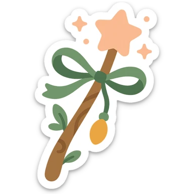 "A cute and magical wand with an elegant, whimsical design, incorporating a color palette of golden orange (FA9B41), forest green (4A7C5C), soft taupe brown (96775A), and pastel peach (FFCC9A). The wand is slender and slightly curved, made of smooth wood with delicate carvings. At the top, there's a glowing gem or star in peachy tones, surrounded by tiny sparkles. Decorative elements like a ribbon, tiny leaves, or a small charm add a cozy, storybook-like charm. The overall look is gentle, enchanting, and magical, perfect for a forest fairy or a kindhearted young wizard." sticker