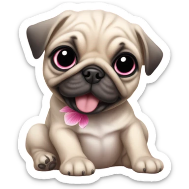 Baby pug playing with a flower pink eyes  sticker