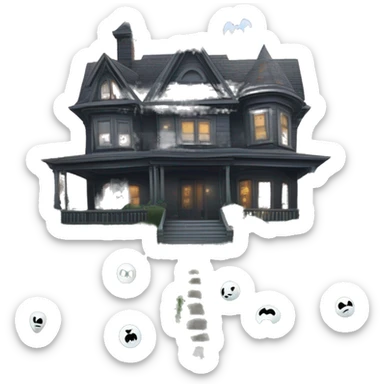 and Batman’s 6 story tall very haunted dream house with complete wrap-around porch, tall thorn bushes,and ghosts,guests, and spider webs everywhere and some broken windows and boards. The grass in the yard is dead.  sticker