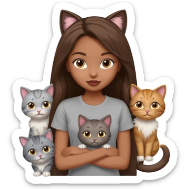 a pretty bratz dusky girl with long brown hair with six cats nd wearing a grey tshirt sticker