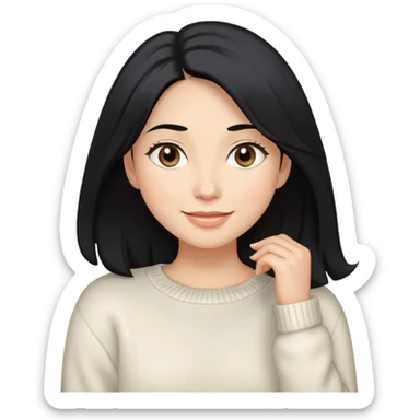 A woman with longer black hair, light to medium skin tone, full cheeks, and almond-shaped eyes, wearing a simple white sweater, lying comfortably on a bed with soft lighting, joyful and radiant expression sticker