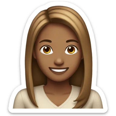 woman with light brown skin, straight hair with light brown highlights, smiling sticker