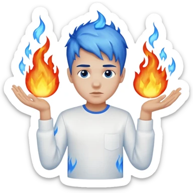 A boy with no hands fire instead made out of fire and blue fire on a white shirt that the boy is wearing  sticker