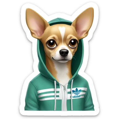 Make a chihuahua dog wearing and Adidas hoodie sticker