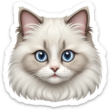 cinematic-adorable-big-eyed-fluffy-ragdoll-cat-portrait-emoji,-head-tilted-playfully-with-a-sweet-expression,-fluffy-white and grey-fur,-simplified-yet-irresistibly-cute-features-with-large,-expression, Large blue eyes sticker