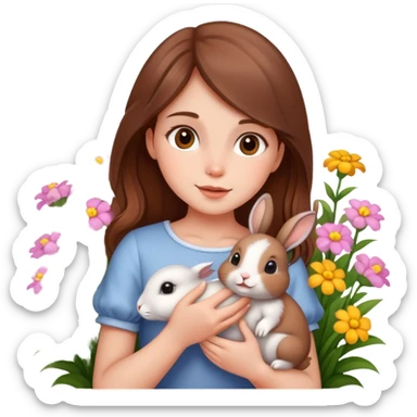 A beautiful brown-haired girl holding a little rabbit in the flowers sticker