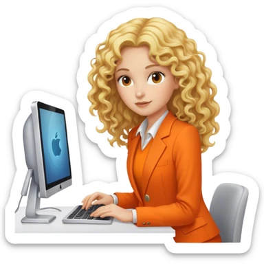 Blond curly long hair lady working in an Apple computer with orange suit sticker
