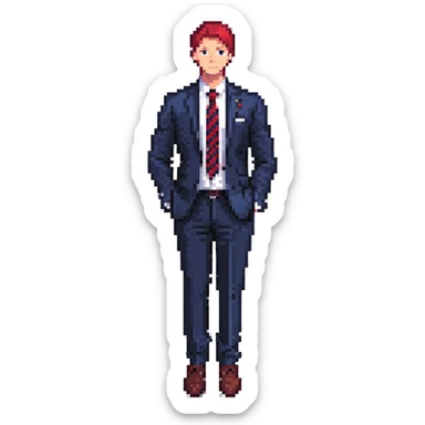 man wearing a dark blue-gray business suit with black horizontal stripes on the arms and legs, white shirt and red tie sticker