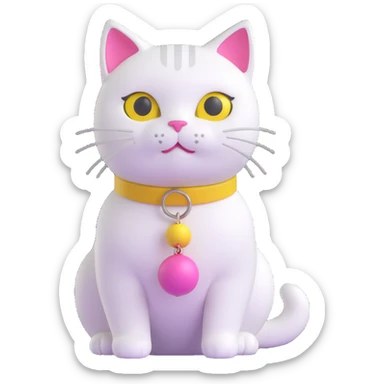 white cat with pink collar and yellow bell on collar sticker