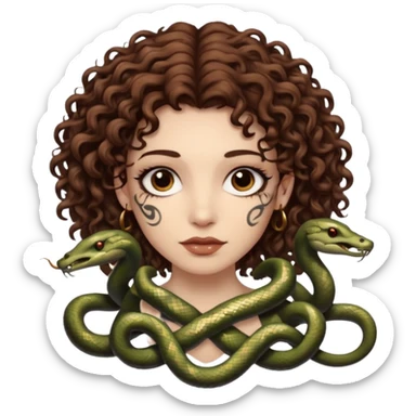 Sexy brown eyes, white skin, brown curly hair, with tattoo, mystic vibe, with snakes  sticker