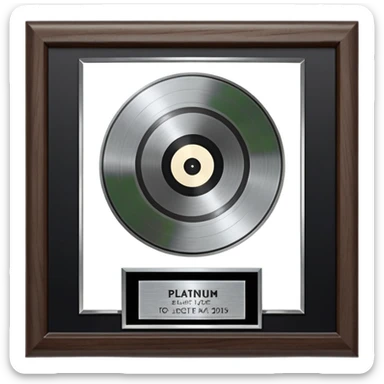 A platinum music award plaque: a square, polished platinum plate with a subtly textured, mirror-like finish, mounted on a simple dark wood base. The center features a relief of a or stylized vinyl record in a slightly darker metallic tone.  sticker