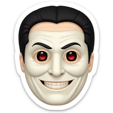 full face masked man, evil, serial killer, creepy, black hair, older, shoulders, smiling, hollow eyes sticker