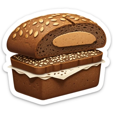 half loaf or thick slice of dark rye bread with dense, slightly uneven texture and deep brown crust, moist compact interior crumb with visible seeds or grain flecks, rounded or rectangular shape, rustic hearty feel, soft lighting, subtle shadows, emoji scale sticker