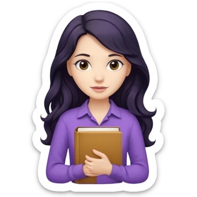 Long Hair Women with purple Book, Black wavy hair, beige shirt sticker
