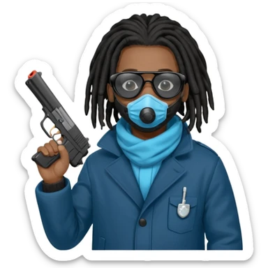 African American man with shoulder length black dreadlocks  wearing black sunglasses wearing a black bubble winter coat wearing a blue hospital mask covering mouth and nose  holding a Glock gun in hand sticker