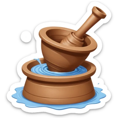 Realistic image of a potter's wheel in action, shaping wet clay into graceful shapes, water splashing gently sticker