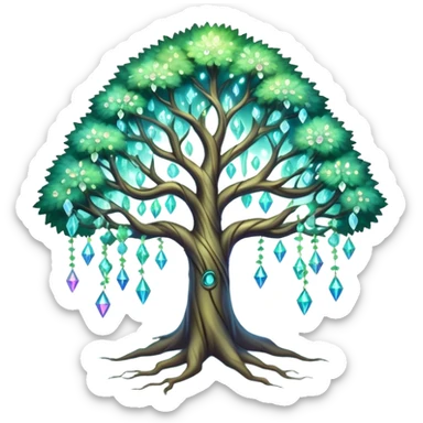 Spiritual magical ethereal tree with iridescent crystals hanging in it sticker