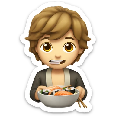 A boy with long hair happily eating sushi sticker