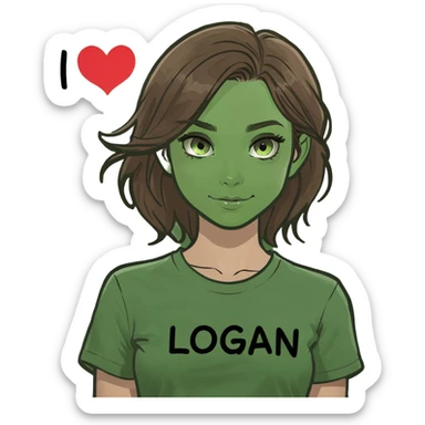 Brown haired girl with green eyes wearing a T shirt that says “I love Logan”  sticker
