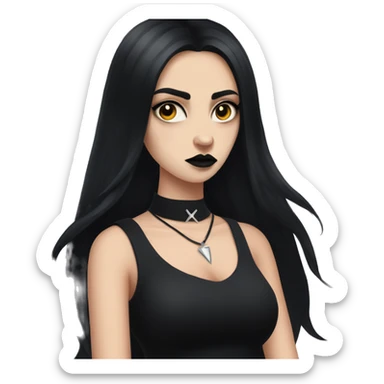 Portrait. Goth, deer girl. Wearing a black sleeveless dress with a choker. She has White antlers and deer ears. Long Black hair. She looks angry sticker