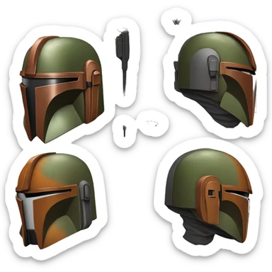 Olive and rust colored Mandalorian helmet with antenna sticker