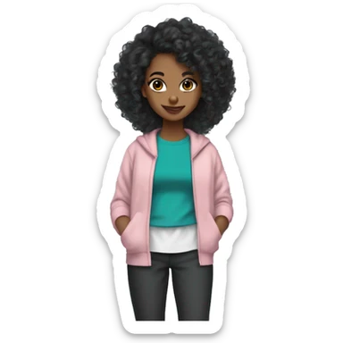 Carmel skin girl teal braces black crop top long black curly hair grey bell bottom sweat pants slit eyebrows and white and pink long cardigan  sticker