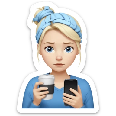 Cartoon emoji of a Scandinavian-looking woman with light blonde hair, pale skin, blue eyes. Portrait mode. Messy bun, tired eyes, tense face. Holding phone and coffee, rushed posture. Clearly busy, overwhelmed, slightly miserable. Smooth, simple, stylized sticker