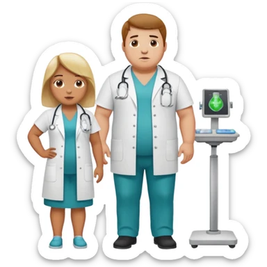 pessoa gorda em cima de balança e medico do lado avaliando sticker