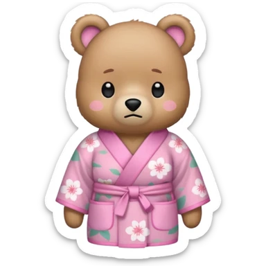 A cute light-brown bear wearing a pastel pink sakura-patterned kimono, normal balanced body ratio.  
Pulling out both empty pockets with a sad and embarrassed expression, small sigh lines.  
Kawaii emoji style, minimalistic clean sticker illustration, white background. sticker