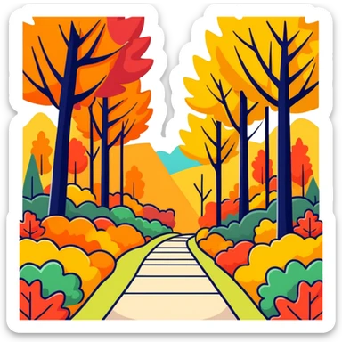 autumn forest with vibrant, multicolored leaves, trees, and a path sticker